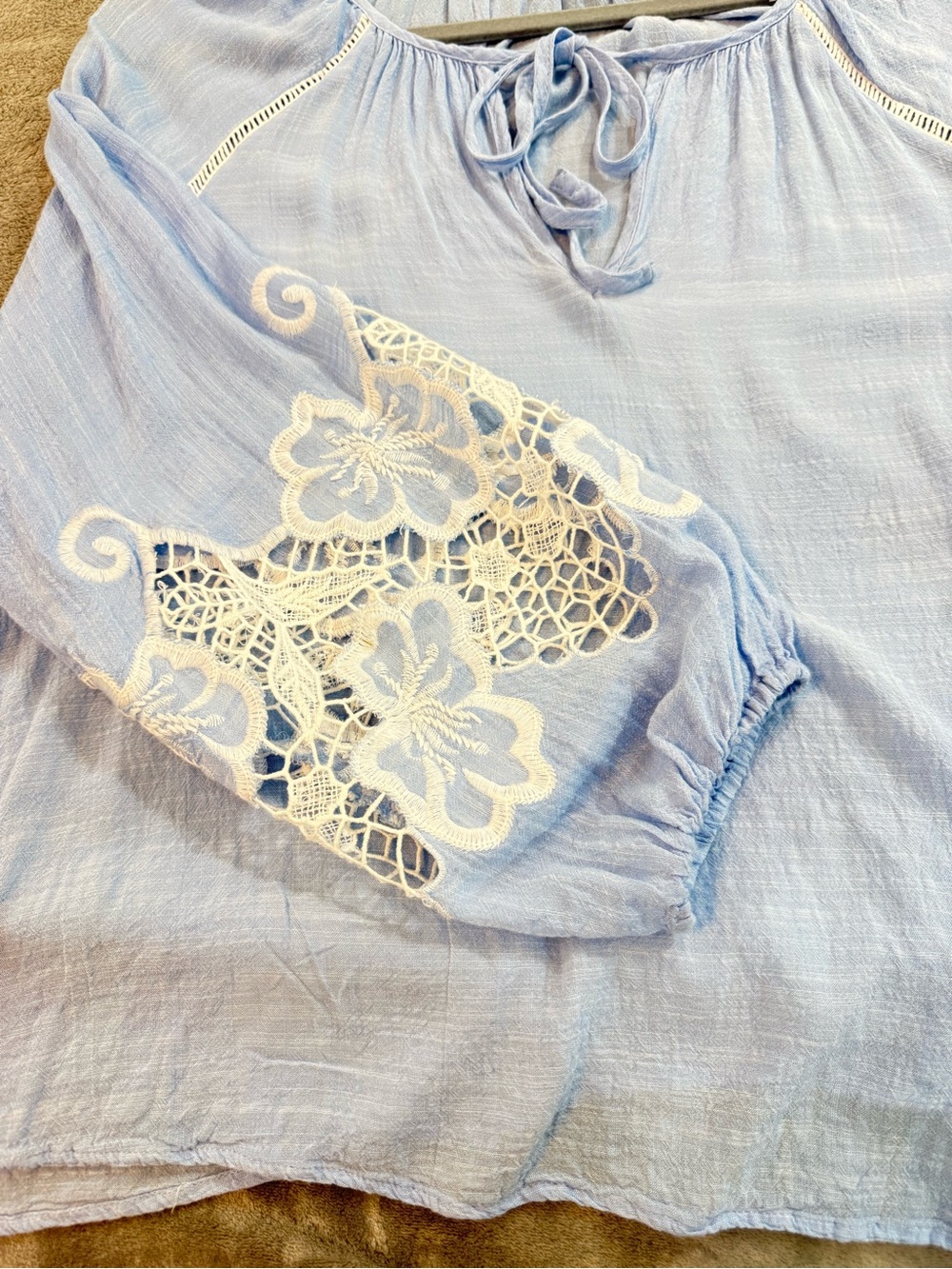 Light Blue Peasant Blouse with Crochet Sleeve Detail - Picture 9 of 9